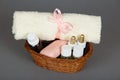 Hotel cosmetics kit and terry towel in basket