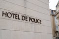 Hotel de Police french text means headquarters central police station in France Signpost indicating building in street