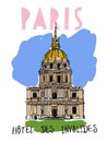 Image of the house of invalides in Paris. Color illustration of the building is designed as a postcard, suitable for posters, t-sh