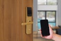 Hotel door security Unlocking by application on mobile phone. Digital door lock, key less system of access door. Royalty Free Stock Photo