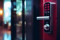 Hotel door security Unlocking by application on mobile phone. Digital door lock, keyless system of access door. Close up and Royalty Free Stock Photo