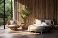 Hotel in eco tropical style with bedroom, terrace, armchairs, window surrounded by natural beauty. Generative AI Royalty Free Stock Photo