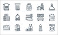 hotel essentials line icons. linear set. quality vector line set such as washing machine, water, bedroom, towel, bathrobe, towel, Royalty Free Stock Photo