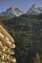 Hotel facade and Red peaks from Aiguilles mountains Royalty Free Stock Photo