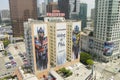 The Hotel Figueroa painted with a Transformers movie wall mural with a car wash, skyscrapers, office buildings and hotels Royalty Free Stock Photo