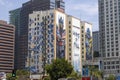 The Hotel Figueroa painted with a Transformers movie wall mural with a car wash, skyscrapers, office buildings and hotels Royalty Free Stock Photo