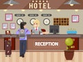 Hotel girl receptionist answers questions traveler guest reception desk flay design vector illustration