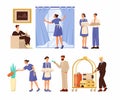 Hotel Guests and Employees with Porter Pushing Trolley with Suitcase and Maid Cleaning Room Vector Set