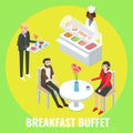 Hotel guests having breakfast in restaurant, flat vector isometric illustration. Breakfast buffet hotel services