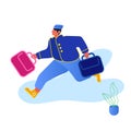 Hotel Hospitality Service Concept. Bell Boy Carrying Suitcases Isolated on White Background. Bellman Male Hotel Worker