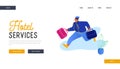 Hotel Hospitality Service Website Landing Page. Bell Boy Carrying Suitcases. Bellman Male Hotel Worker in Uniform Royalty Free Stock Photo