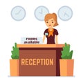 Hotel or hostel reception with cartoon girl. Rooms available vector concept