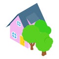 Hotel icon isometric vector. Small beautiful two storey building with green tree