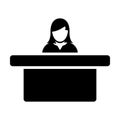 Hotel icon vector female person avatar symbol with table for reception and accommodation in flat color glyph pictogram