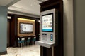 Hotel interior, digital signage, kiosk touch. Generative AI