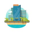 Hotel isolated near sea or seafront resort view vector illustration, flat cartoon modern eco hotel building on green Royalty Free Stock Photo