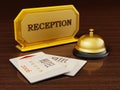 Hotel key card, bell and reception sign on hotel front desk. 3D illustration Royalty Free Stock Photo