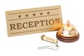 Hotel key and reception bell with reception plate, 3D rendering Royalty Free Stock Photo