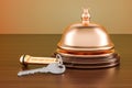 Hotel key and reception bell on the wooden table, 3D rendering Royalty Free Stock Photo