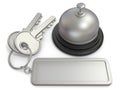 Hotel key with rectangular blank label on ring and reception bell. 3D Royalty Free Stock Photo