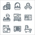 Hotel line icons. linear set. quality vector line set such as bathtub, strongbox, washer machine, laptop, bedroom, reception, Royalty Free Stock Photo