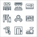 Hotel line icons. linear set. quality vector line set such as hot coffee, elevator, keycard, breakfast, dumbbell, comb, keycard,