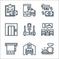 hotel line icons. linear set. quality vector line set such as hot coffee, parking, towel, bedroom, router, elevator, key,