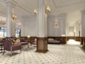 Hotel lobby in classic style with luxurious art deco furniture and mosaic tile hall.