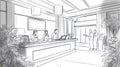 Hotel Lobby Reception Sketch Staff and Guests Interaction, Modern Interior Design Royalty Free Stock Photo