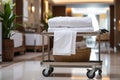 Hotel maid trolley, trolley with snow-white clean towels. Room cleaning concept. Generated by artificial intelligence Royalty Free Stock Photo