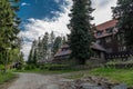 Hotel near Javornik hill and village in Sumava national park in spring evening Royalty Free Stock Photo