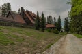 Hotel near Javornik hill and village in Sumava national park in spring evening Royalty Free Stock Photo