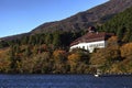 A hotel near Lake Ashi facing towards Mount Fuji