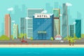 Hotel near sea or ocean resort view vector illustration, flat cartoon hotel building on beach, street road and big