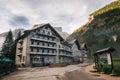 Hotel nearby Braies Lake, Dolomites mountains, Italy. Royalty Free Stock Photo