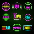 Hotel neon. Advertising american retro night club emblem signage glow badges vector