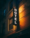 Hotel neon sign at night, in the Lower East Side, Manhattan, New York City Royalty Free Stock Photo