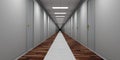 Hotel empty corridor with grey doors and wooden and marble floor. 3d illustration Royalty Free Stock Photo