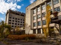 Hotel Polissia in abandoned ghost town Pripyat. Inscription on roof - Hotel Polissya.