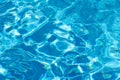 Hotel pool with sun reflections. Summer vacation concept. Surface of azure swimming pool. Top view rippled blue pool water with