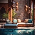 Hotel poolside lounge are with sofa with oriental Arabic ornaments fringed pillows and plaid. Beautiful eastern spa