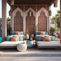 Hotel poolside lounge are with sofa with oriental Arabic ornaments fringed pillows and plaid. Beautiful eastern spa