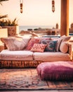 Hotel poolside lounge are with sofa with oriental arabic or turkish ornaments fringed pillows. Beautiful eastern spa or wellness