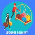 Hotel porter helping guest male with his luggage, flat vector isometric illustration. Luggage delivery, hotel services.