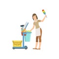 Hotel Professional Maid With Cleaning Equipment Cart Illustration