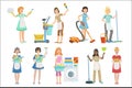 Hotel Professional Maids With Cleaning Equipment Set Of Illustrations