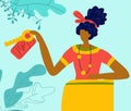 Hotel reception happy female receptionist holding key at desk, tourism service flat vector illustration. Dark skinned Royalty Free Stock Photo