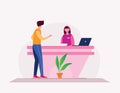 Hotel reception, Hotel receptionist girl and boy customer conversation illustration concept