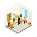 Hotel reception. Isometric hostel receptionist tourists. Hotel info desk vector illustration