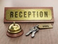 Hotel reception sign, service bell and room keys. 3D illustration